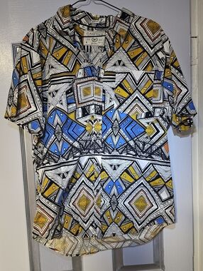 Cactus Geometric Short-Sleeve Shirt - Blue & Mustard & Black